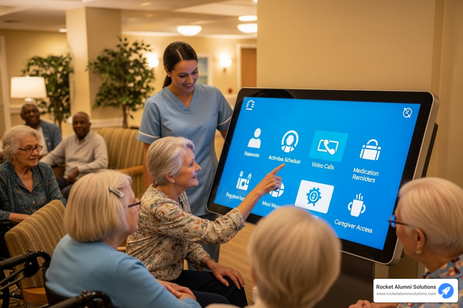 Showcasing different types of touchscreens: a large wall-mounted display, a mobile cart, and an interactive table - Assisted Living and Nursing Home Touchscreen