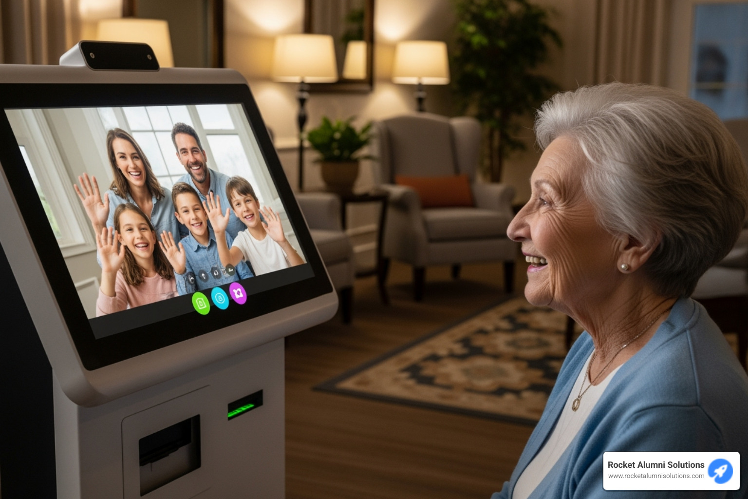 Senior resident video-chatting with family on a large-screen kiosk - Assisted Living Kiosk Senior resident video-chatting with family on a large-screen kiosk - Assisted Living Kiosk