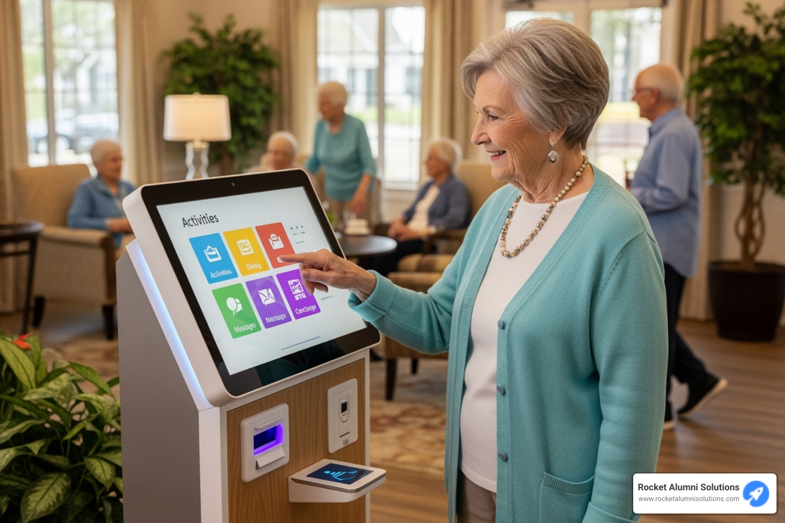 Digital menu board kiosk in a senior living dining area - Assisted Living Kiosk Digital menu board kiosk in a senior living dining area - Assisted Living Kiosk