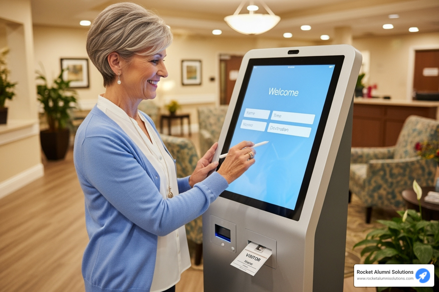 Visitor signing in at a kiosk, receiving a printed badge - Assisted Living Kiosk Visitor signing in at a kiosk, receiving a printed badge - Assisted Living Kiosk