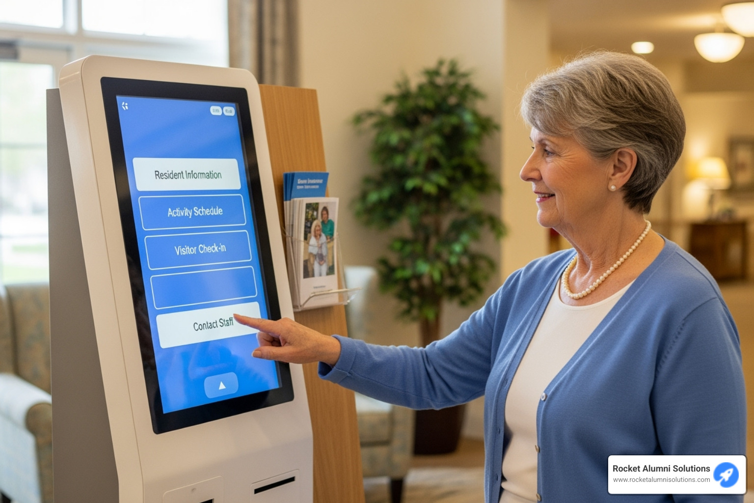key ADA compliance features on a nursing home kiosk, such as adjustable height and high-contrast screen display - Nursing Home Kiosk key ADA compliance features on a nursing home kiosk, such as adjustable height and high-contrast screen display - Nursing Home Kiosk