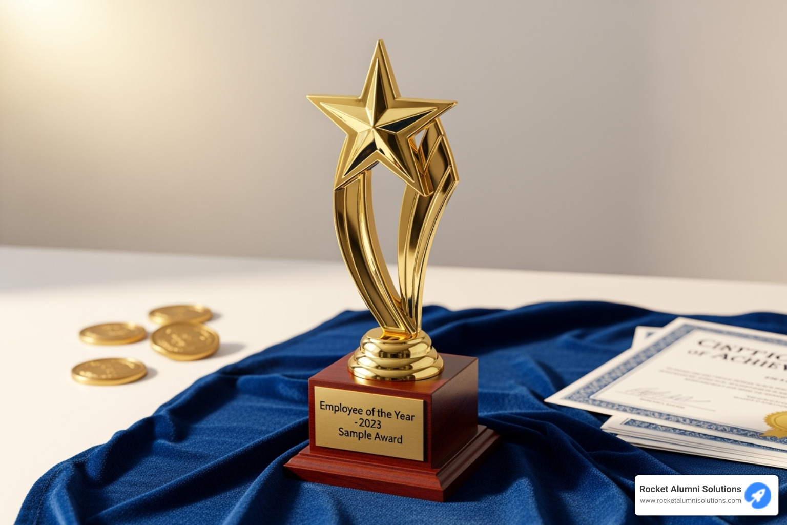 A diverse team laughing and celebrating together in a modern office space, with some holding fun, informal awards - awards and recognition sample A diverse team laughing and celebrating together in a modern office space, with some holding fun, informal awards - awards and recognition sample