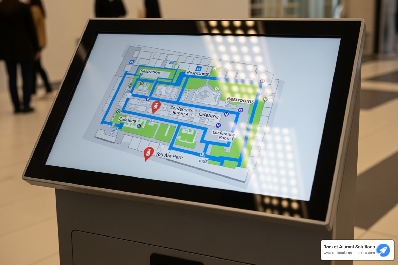 An interactive map on a kiosk screen, showing a clear layout of a building with highlighted paths to various facilities - Assisted Living touchscreen directory 
