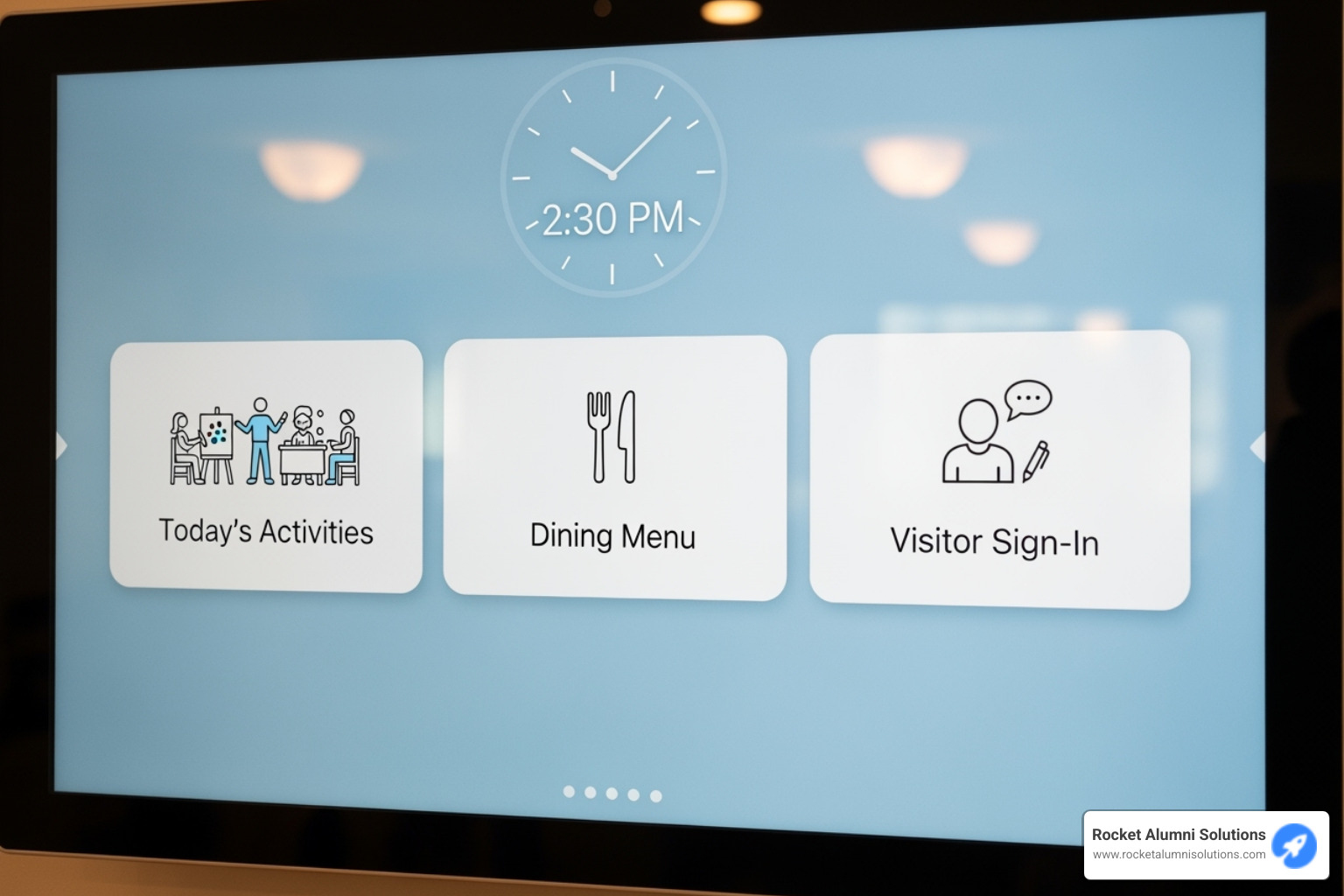 A close-up of a touchscreen interface showing different feature icons like "Today's Activities," "Dining Menu," and "Visitor Sign-In" - Assisted Living touchscreen directory 