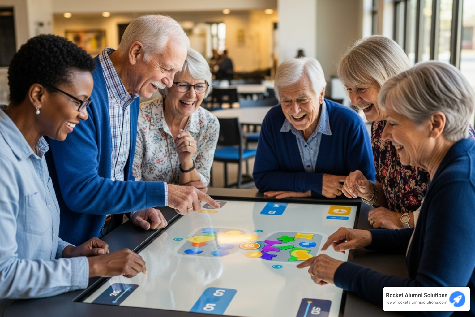 A group of seniors happily interacting with a large touchscreen table, playing a game together - Assisted Living touchscreen directory 