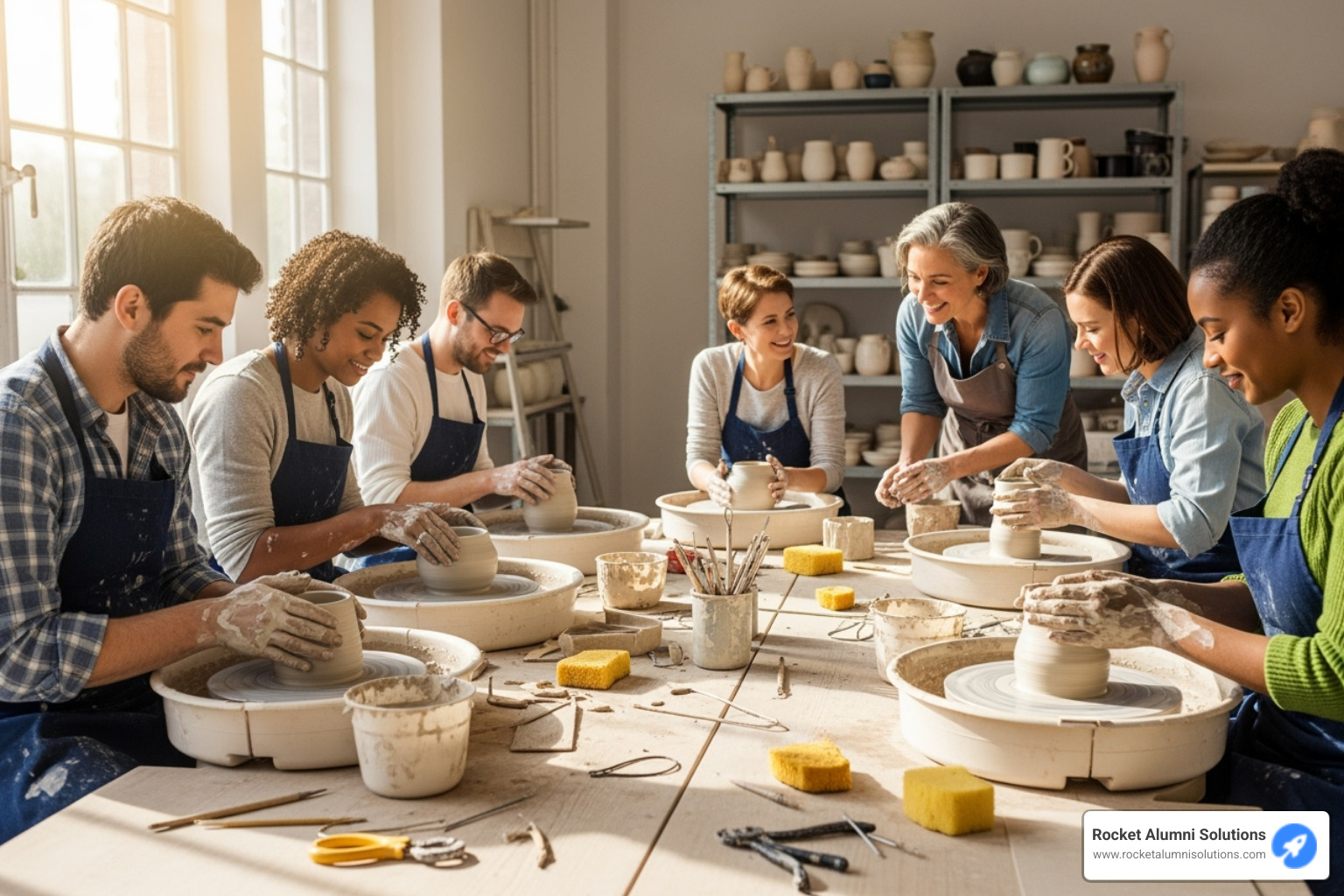 a team in a pottery-making class - activities to build team morale