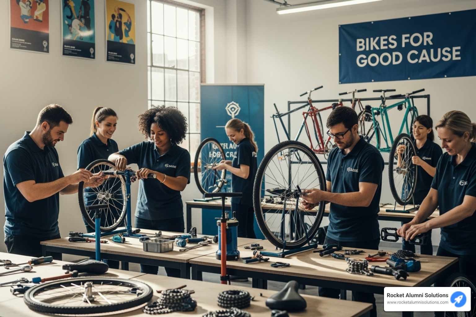 employees participating in a charity bike building event - activities to build team morale