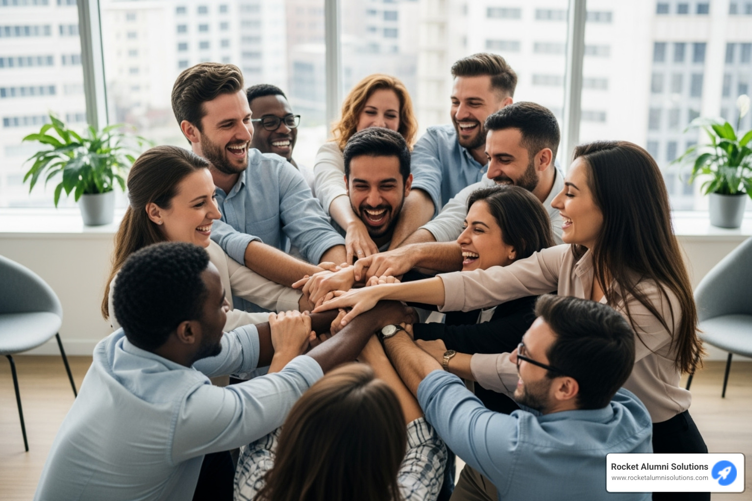 a team laughing while doing the "Human Knot" icebreaker - activities to build team morale