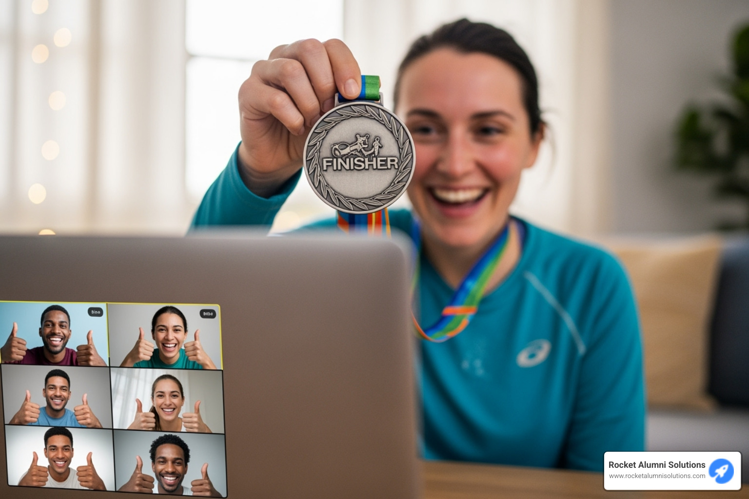 of a person proudly holding up a finisher's medal to their webcam during a video call with friends - virtual athletic events