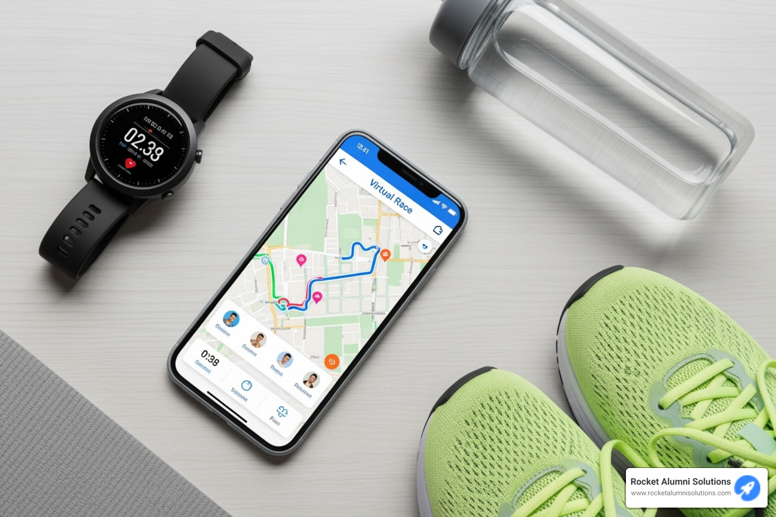 of a smartphone screen displaying a virtual race app with progress on a map, surrounded by a fitness watch, running shoes, and a water bottle - virtual athletic events