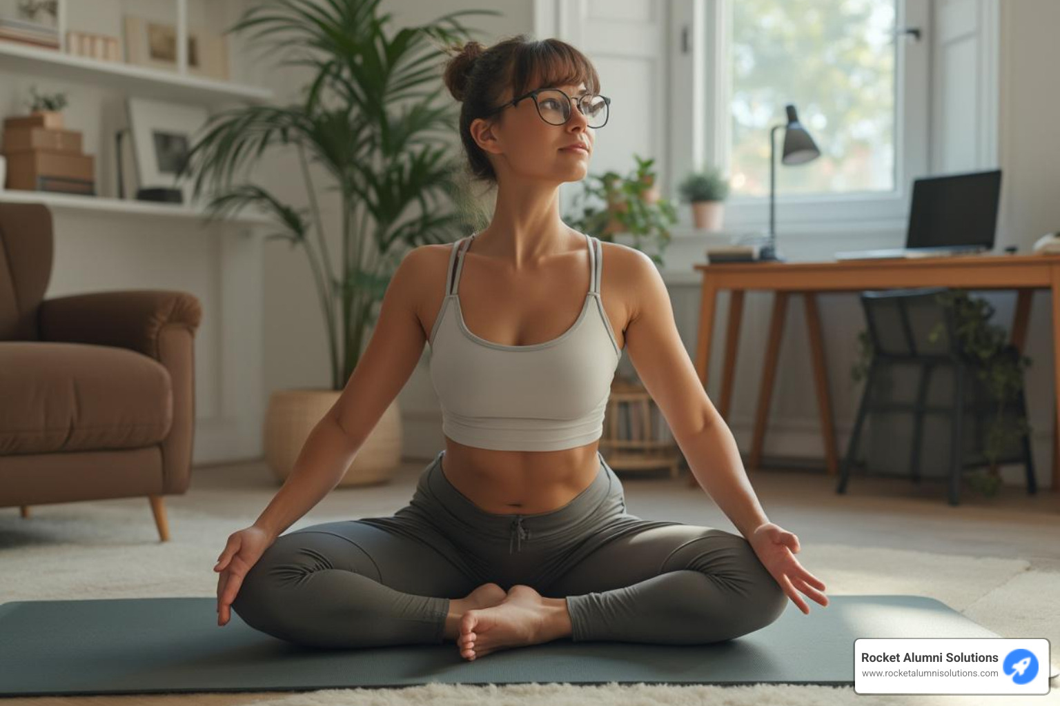 A person in comfortable workout clothes performs a yoga pose on a mat in their home office, with a laptop visible in the background. - morale boosting activities for remote workers A person in comfortable workout clothes performs a yoga pose on a mat in their home office, with a laptop visible in the background. - morale boosting activities for remote workers