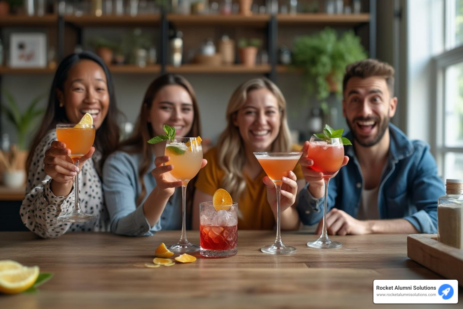 A diverse group of remote employees participating in a virtual mixology class, laughing and holding up their freshly made cocktails to the camera. - morale boosting activities for remote workers A diverse group of remote employees participating in a virtual mixology class, laughing and holding up their freshly made cocktails to the camera. - morale boosting activities for remote workers