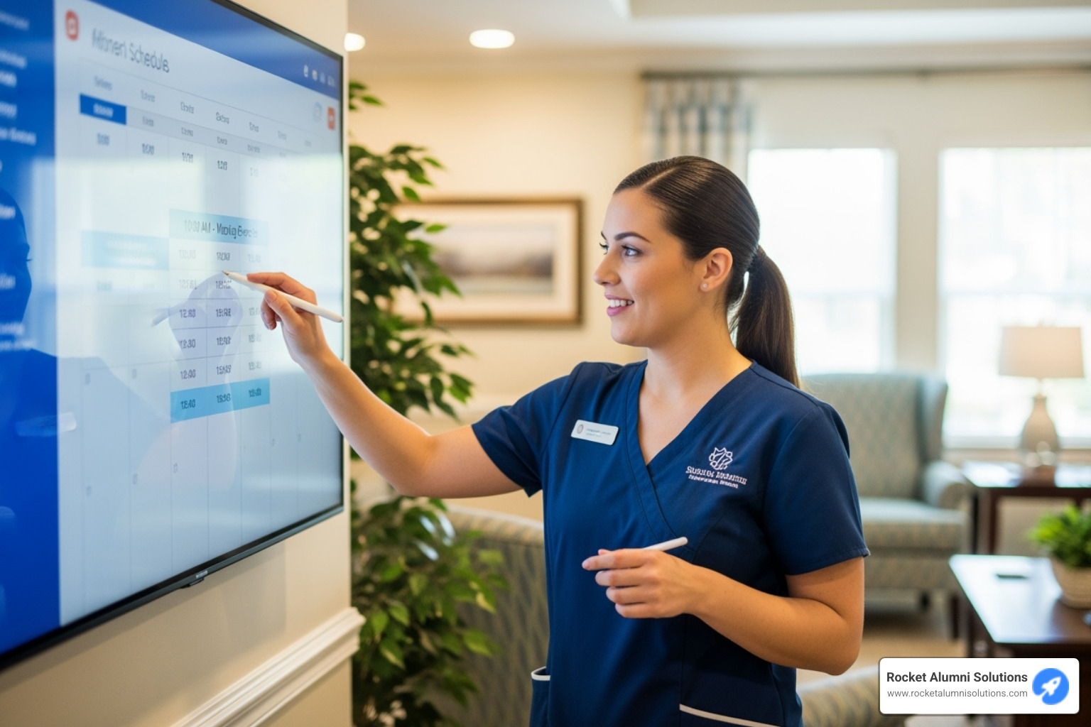 staff member updating a schedule on a large touchscreen - Touchscreen Assisted Living Directory staff member updating a schedule on a large touchscreen - Touchscreen Assisted Living Directory