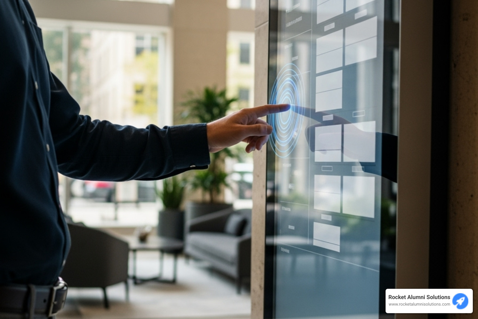 User interacting with a portrait-style digital directory - Directory Touchscreen Software User interacting with a portrait-style digital directory - Directory Touchscreen Software