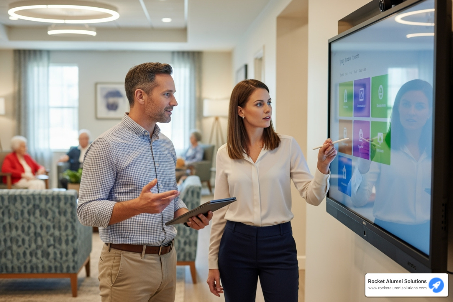facility manager discussing touchscreen options with a provider - Touchscreen Nursing Home Directory facility manager discussing touchscreen options with a provider - Touchscreen Nursing Home Directory