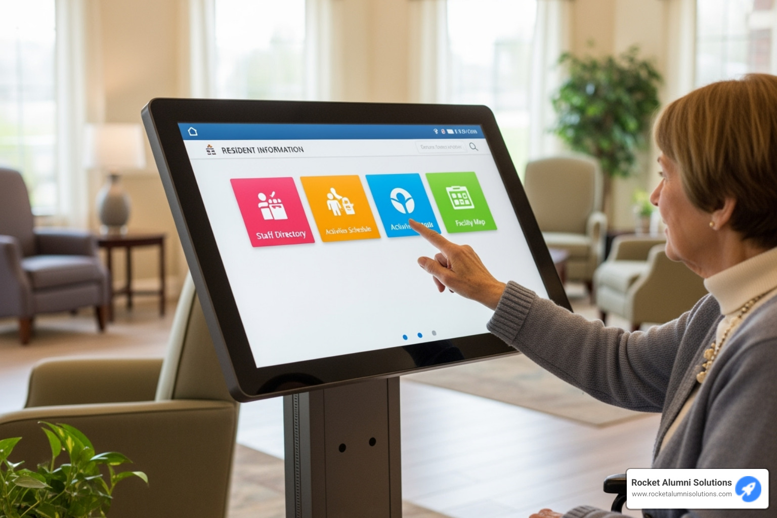 family member smiling while using a directory to find an activity schedule - Touchscreen Nursing Home Directory family member smiling while using a directory to find an activity schedule - Touchscreen Nursing Home Directory