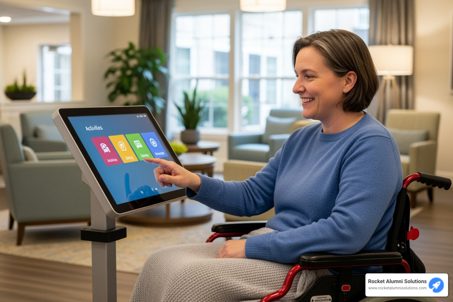 A wheelchair user comfortably accessing an adjustable-height kiosk - Assisted Living Kiosk Directory A wheelchair user comfortably accessing an adjustable-height kiosk - Assisted Living Kiosk Directory