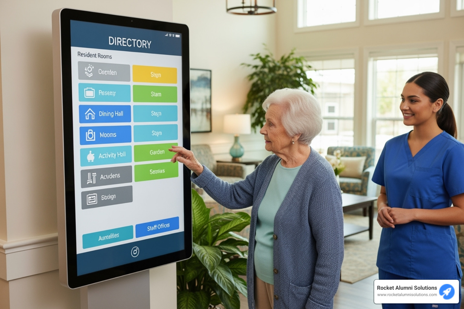 An interactive kiosk screen displaying a colorful daily activities calendar - Assisted Living Kiosk Directory An interactive kiosk screen displaying a colorful daily activities calendar - Assisted Living Kiosk Directory