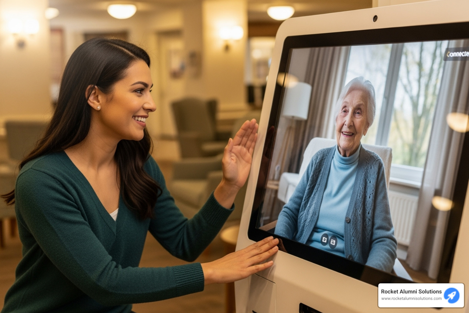 A family member using a kiosk to video call a resident - Assisted Living Kiosk Directory A family member using a kiosk to video call a resident - Assisted Living Kiosk Directory