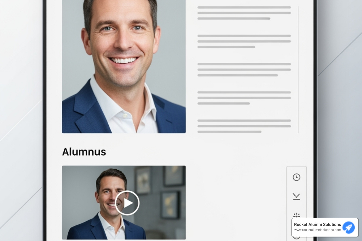 Image of an interactive alumni profile showing a mix of photos, bio text, and a video thumbnail. - Alumni Recognition Touchscreen Image of an interactive alumni profile showing a mix of photos, bio text, and a video thumbnail. - Alumni Recognition Touchscreen