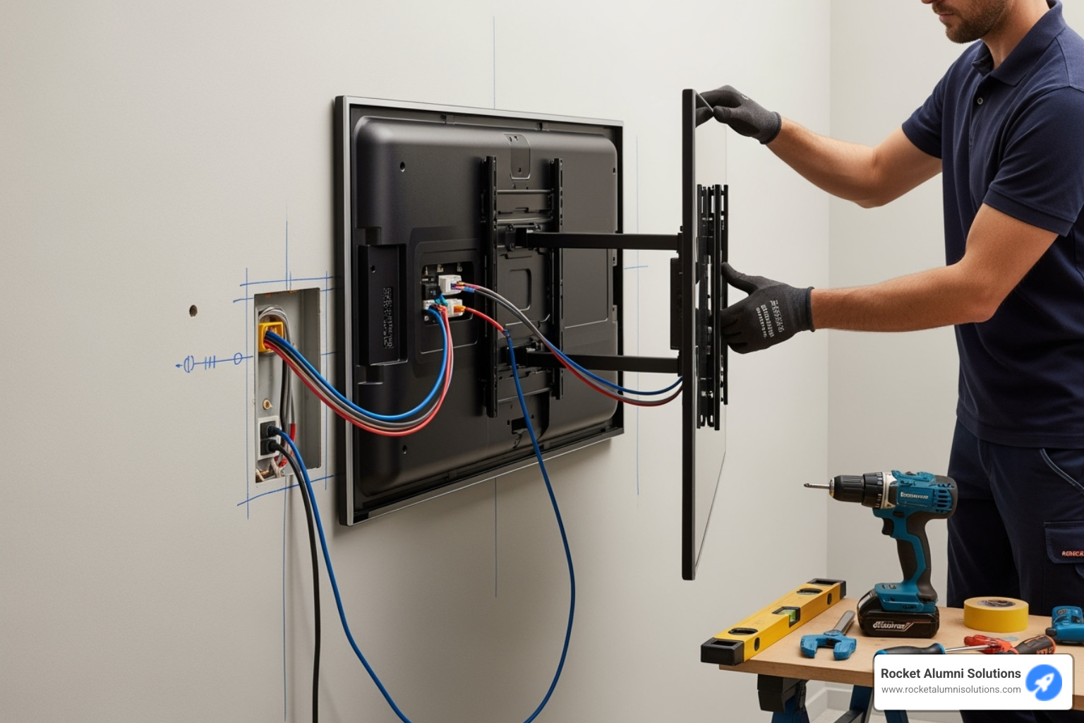 Image of a touchscreen display being installed on a wall, showing the mounting and wiring process. - Alumni Recognition Touchscreen Image of a touchscreen display being installed on a wall, showing the mounting and wiring process. - Alumni Recognition Touchscreen