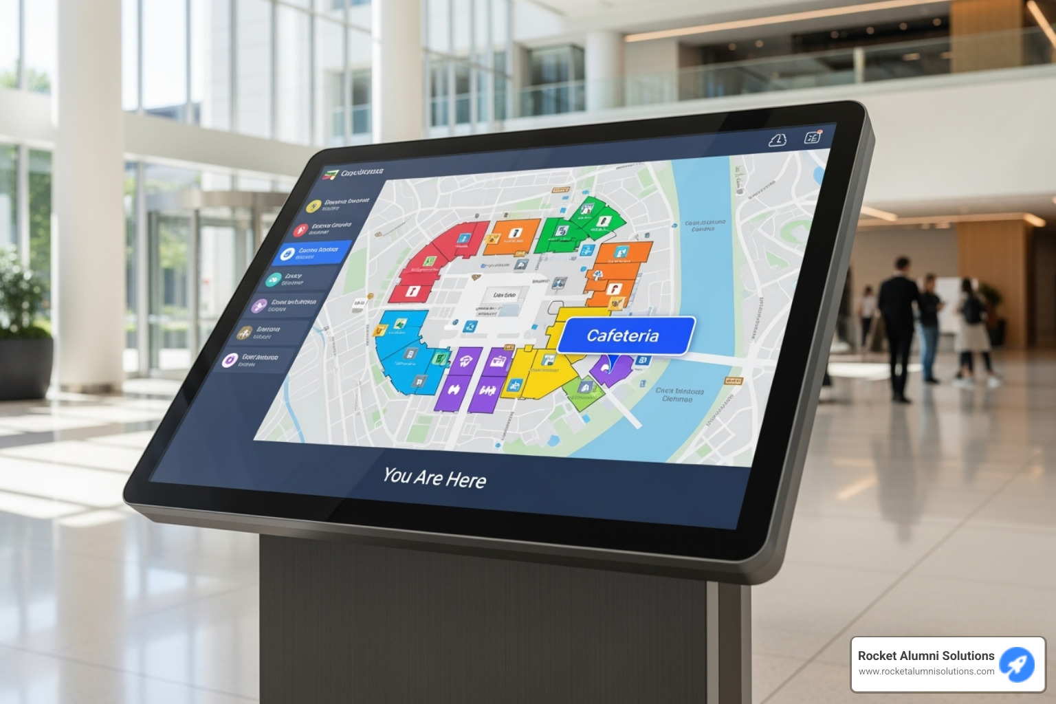 User interacting with a clear and simple Rocket Alumni Solutions kiosk interface - Kiosk Directory Touchscreen User interacting with a clear and simple Rocket Alumni Solutions kiosk interface - Kiosk Directory Touchscreen
