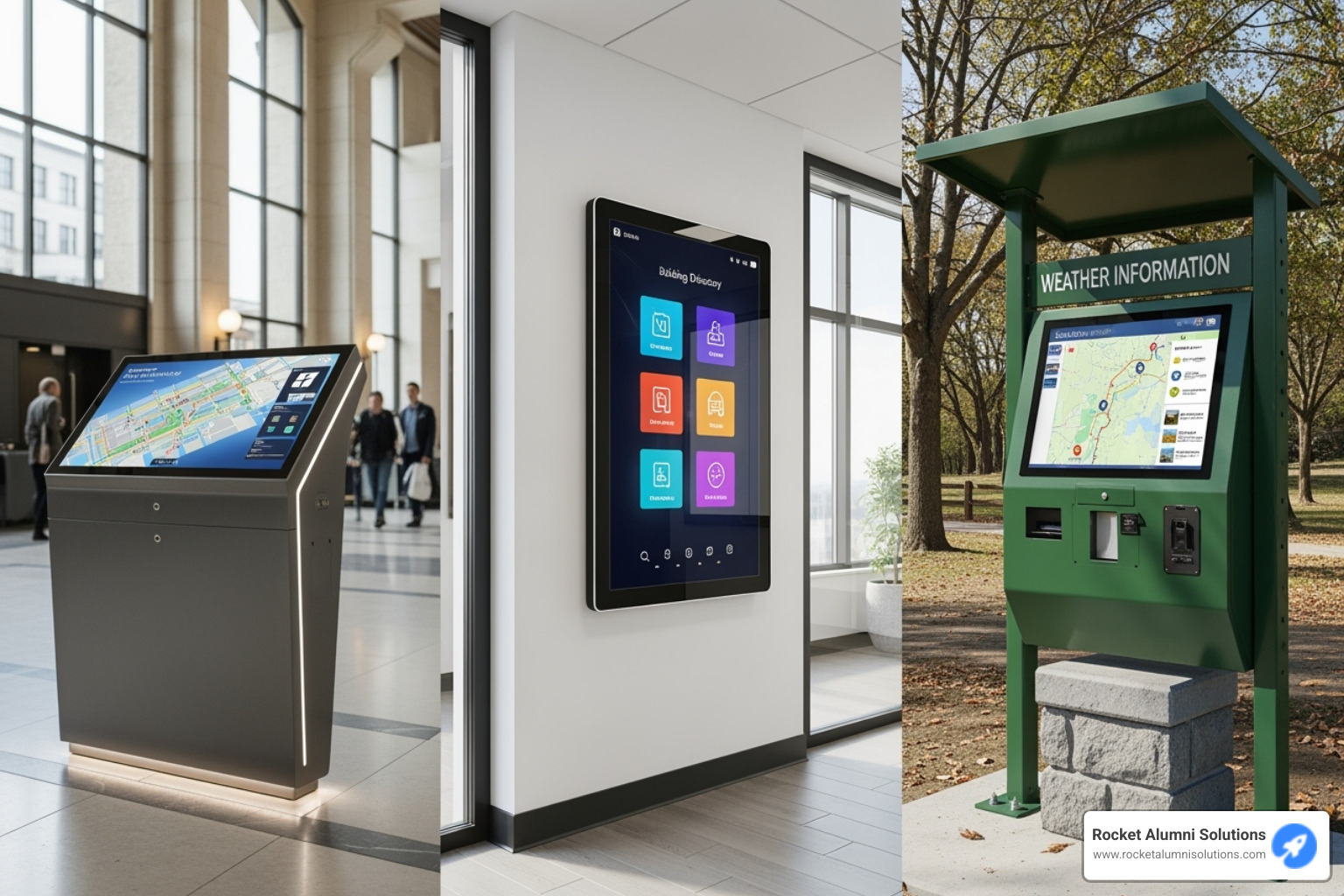 Collage of different Rocket Alumni Solutions kiosk designs: freestanding, wall-mounted, and outdoor models - Kiosk Directory Touchscreen Collage of different Rocket Alumni Solutions kiosk designs: freestanding, wall-mounted, and outdoor models - Kiosk Directory Touchscreen