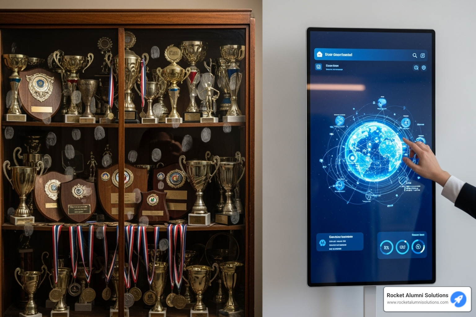 a crowded, static trophy case next to a clean, interactive digital display - Touchscreen wall of fame kiosk a crowded, static trophy case next to a clean, interactive digital display - Touchscreen wall of fame kiosk