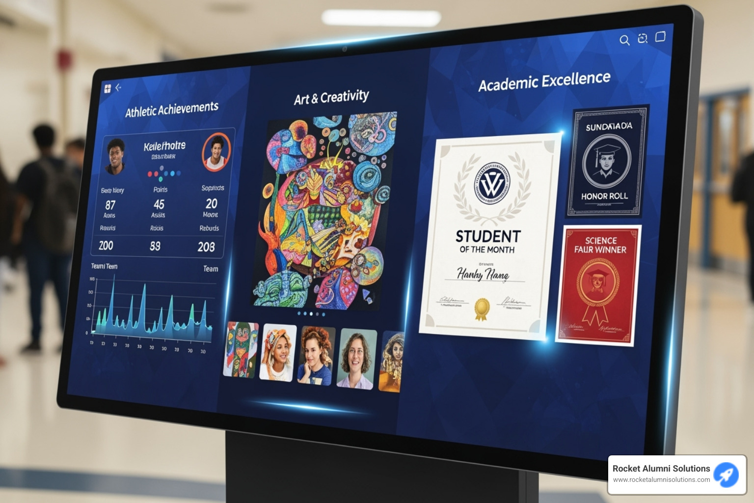 a kiosk displaying a mix of content: athletic stats, arts showcases, and academic awards - Touchscreen wall of fame kiosk a kiosk displaying a mix of content: athletic stats, arts showcases, and academic awards - Touchscreen wall of fame kiosk