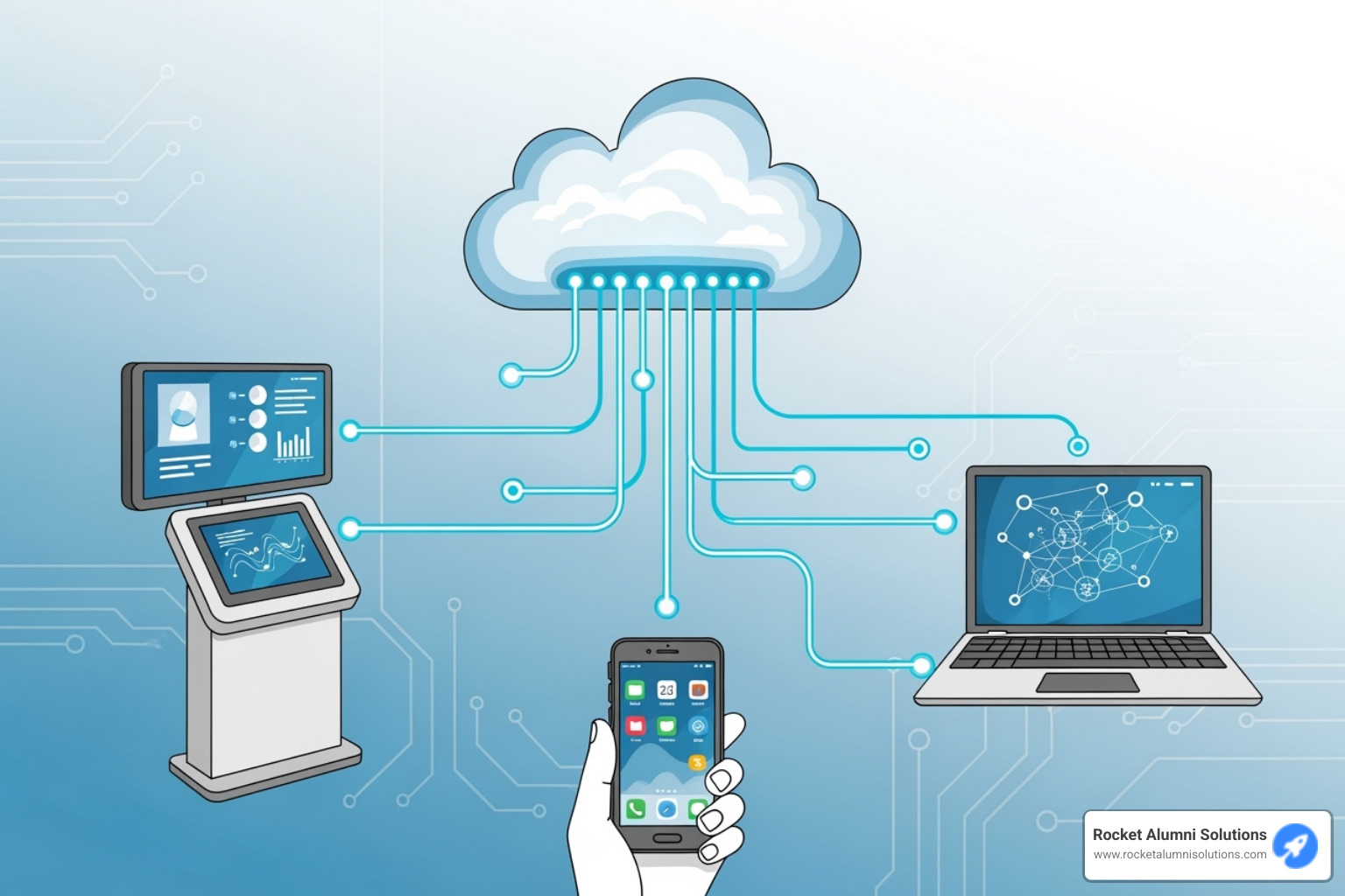 Illustration showing how a cloud-based CMS connects to a kiosk, website, and mobile devices - Hall of Fame Kiosk Illustration showing how a cloud-based CMS connects to a kiosk, website, and mobile devices - Hall of Fame Kiosk