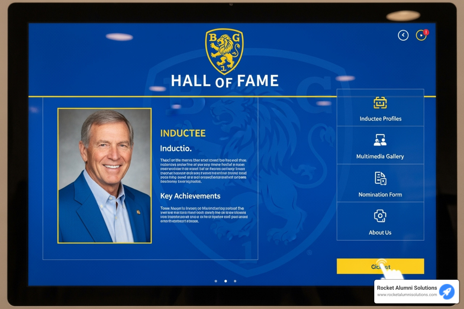 Custom-branded kiosk interface showing school colors and logos - Hall of Fame Kiosk Custom-branded kiosk interface showing school colors and logos - Hall of Fame Kiosk