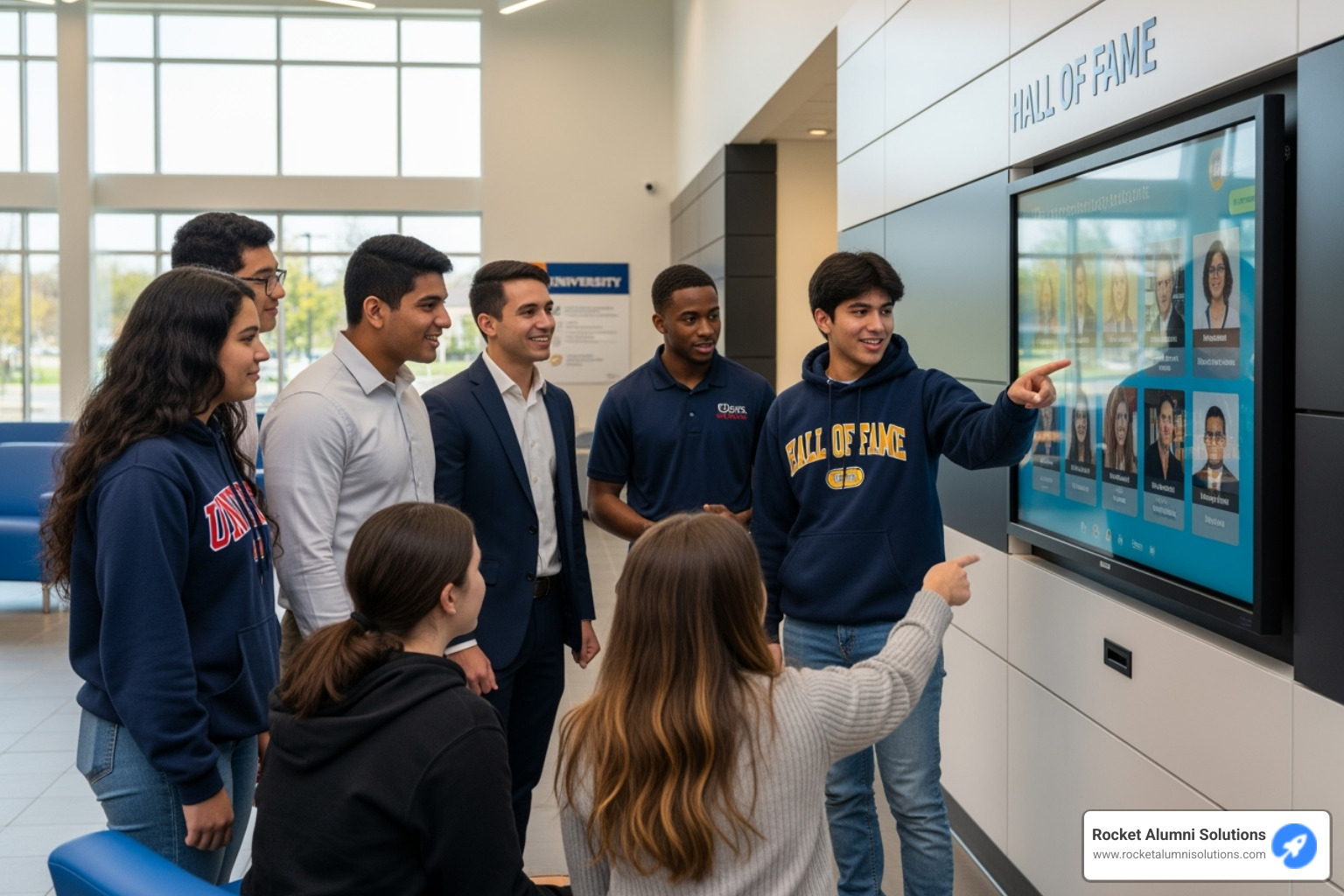 Students and alumni interacting with a touchscreen Hall of Fame - Hall of Fame Kiosk Students and alumni interacting with a touchscreen Hall of Fame - Hall of Fame Kiosk
