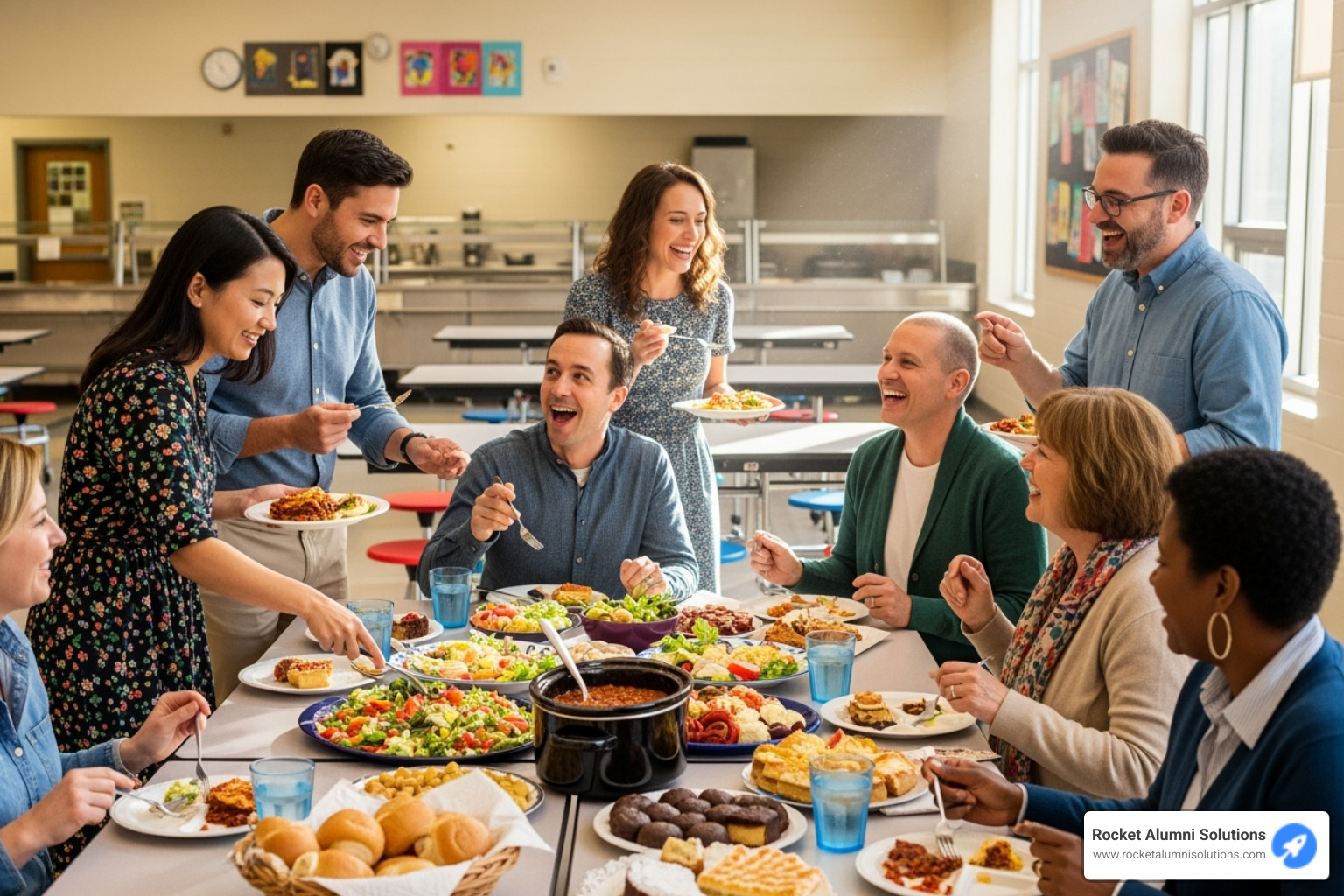 A staff potluck with teachers laughing and sharing food in a school cafeteria, creating a warm and inviting atmosphere - school staff morale A staff potluck with teachers laughing and sharing food in a school cafeteria, creating a warm and inviting atmosphere - school staff morale