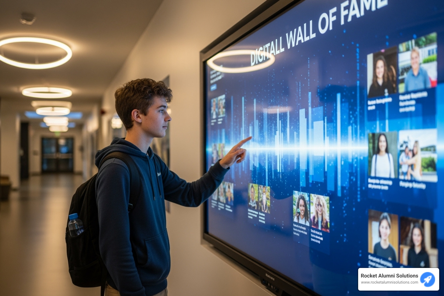 a student interacting with a digital wall of fame - Touchscreen Trophy Case