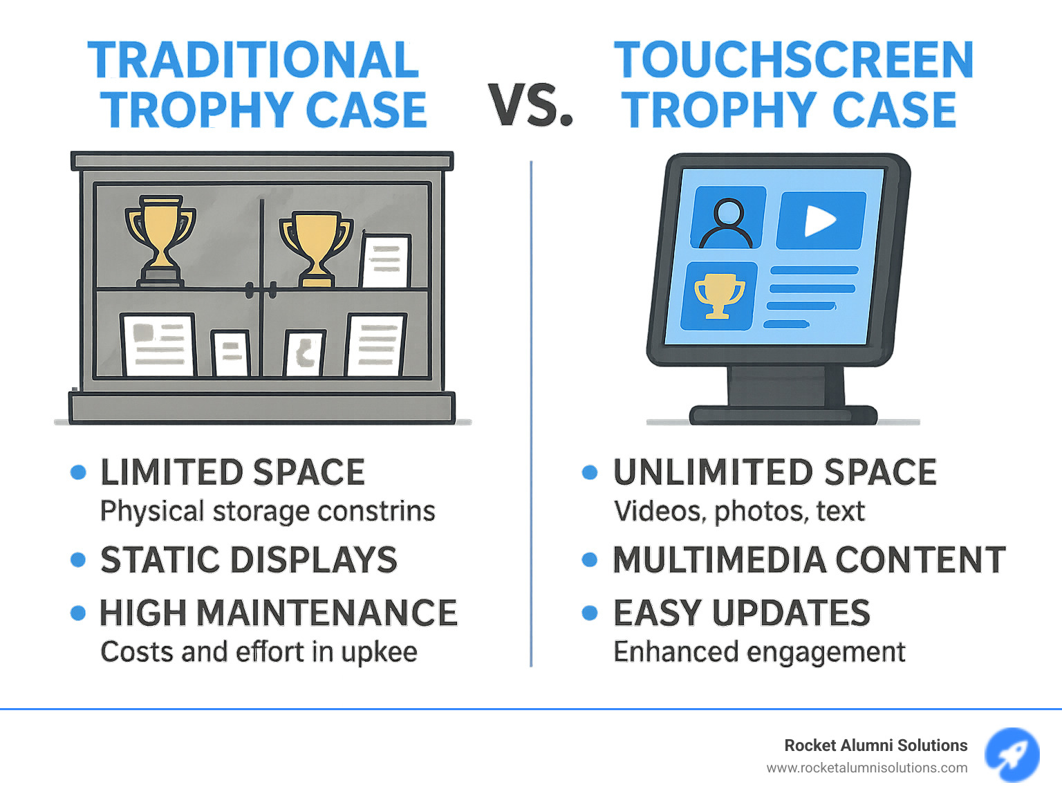 infographic showing traditional trophy case with limited space, static displays, and high maintenance costs compared to digital touchscreen trophy case with unlimited space, multimedia content, easy updates, and improved engagement metrics - Touchscreen Trophy Case infographic 