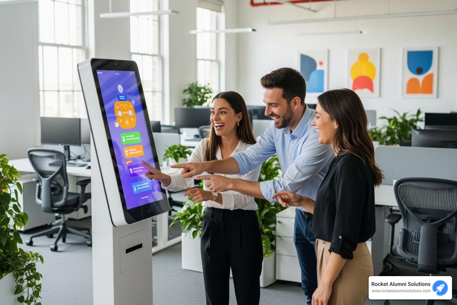 employees interacting happily with a recognition kiosk - Employee Recognition Touchscreen