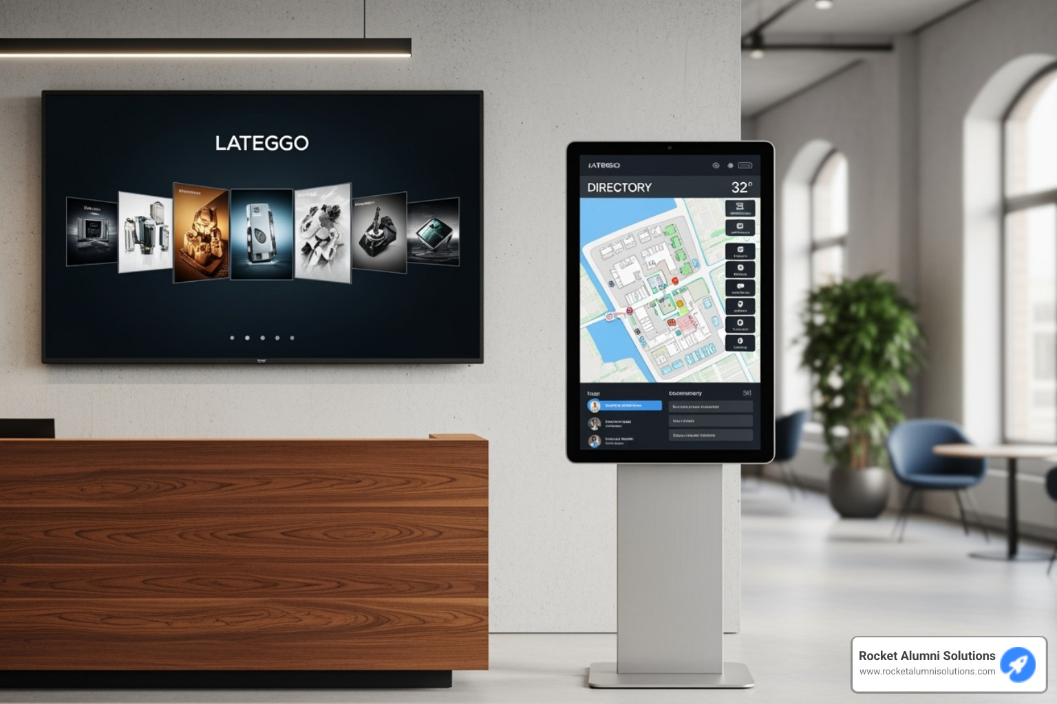 side-by-side comparison of a wall-mounted display and a freestanding kiosk - Employee Recognition Touchscreen