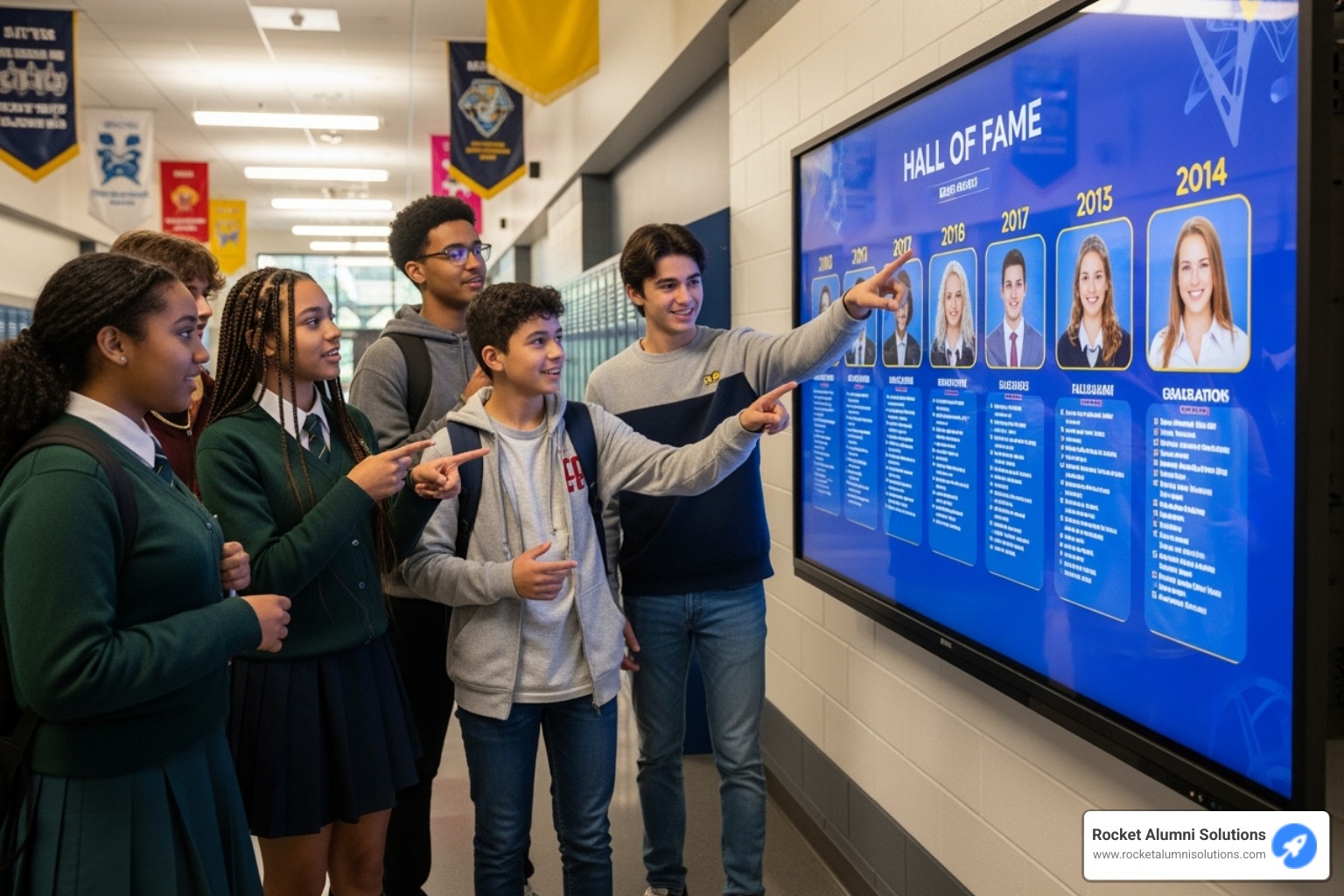 Students interacting with a digital hall of fame, pointing and smiling at the screen - Community Recognition Touchscreen Students interacting with a digital hall of fame, pointing and smiling at the screen - Community Recognition Touchscreen