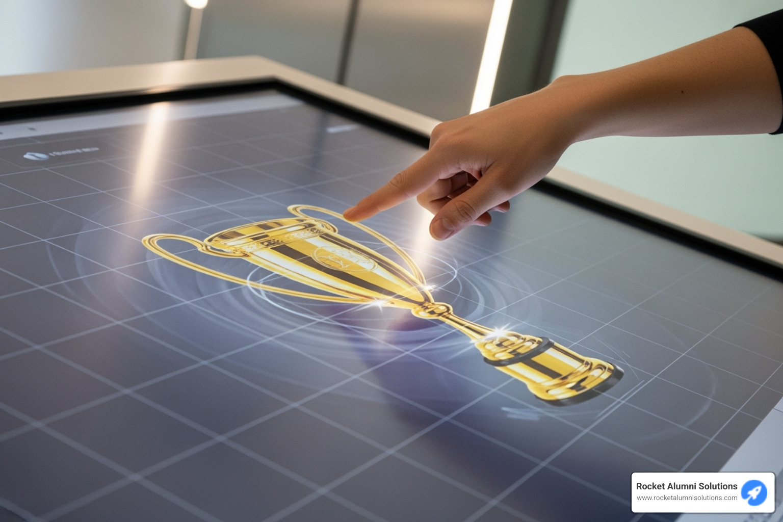 user touching a screen to explore a 3D model of a trophy - Kiosk Touchscreen Trophy Case Display