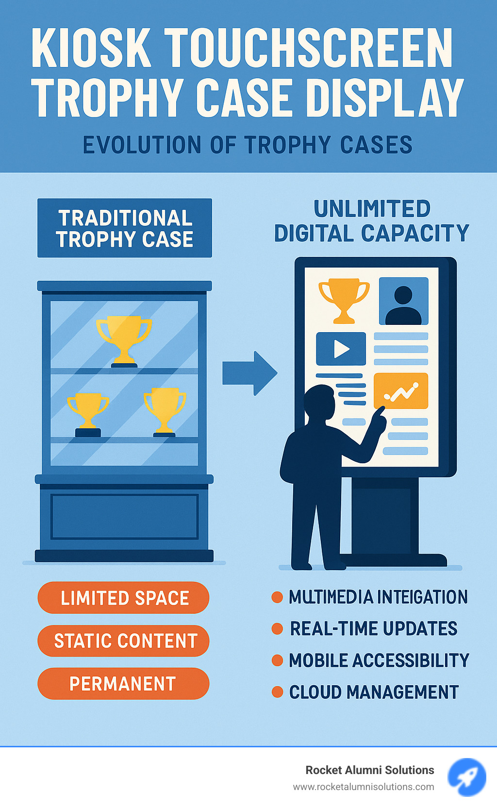 Comprehensive comparison showing the evolution from traditional glass trophy cases with limited space and static content to modern interactive kiosk touchscreen displays featuring unlimited digital capacity, multimedia integration, real-time updates, mobile accessibility, and cloud-based management systems - Kiosk Touchscreen Trophy Case Display infographic 