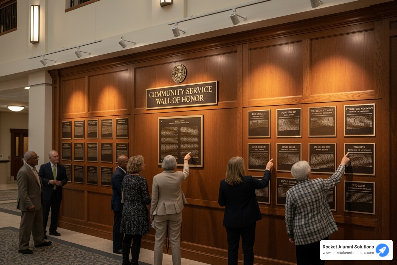 Side-by-side comparison of a traditional plaque wall and a modern digital display - Community Service Wall of Honor Side-by-side comparison of a traditional plaque wall and a modern digital display - Community Service Wall of Honor