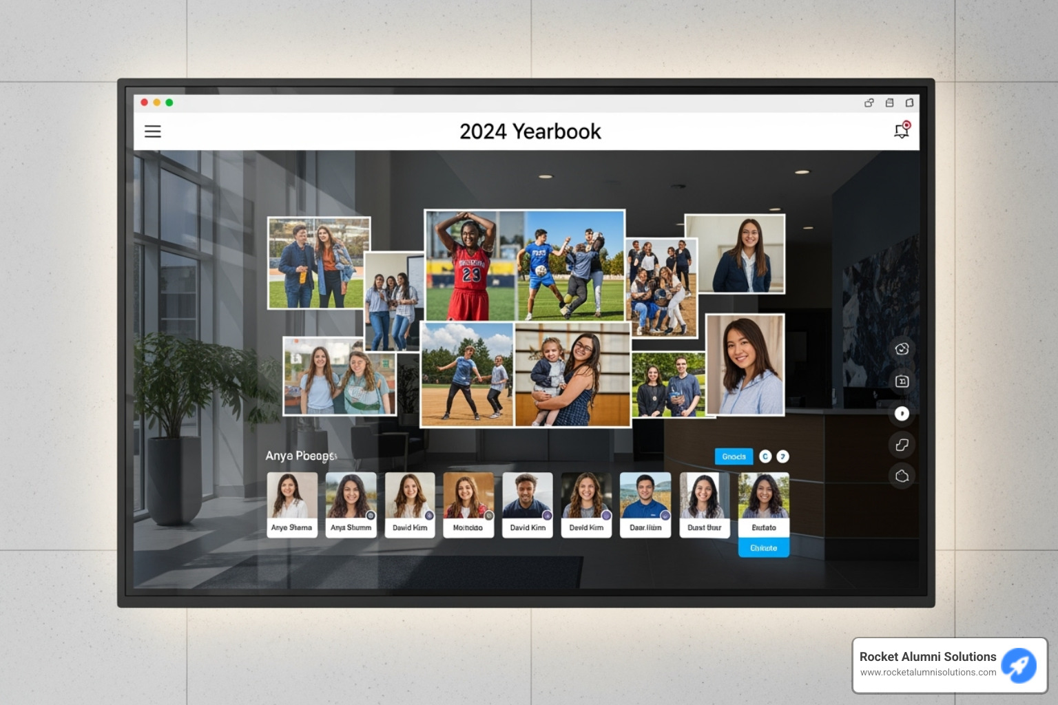Sleek, wall-mounted touchscreen displaying a school's digital yearbook homepage - Touchscreen Yearbook Solution