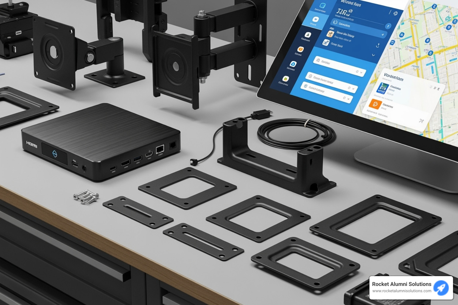 different touchscreen hardware components like a large display, a media player, and mounting brackets - Touchscreen Records Display