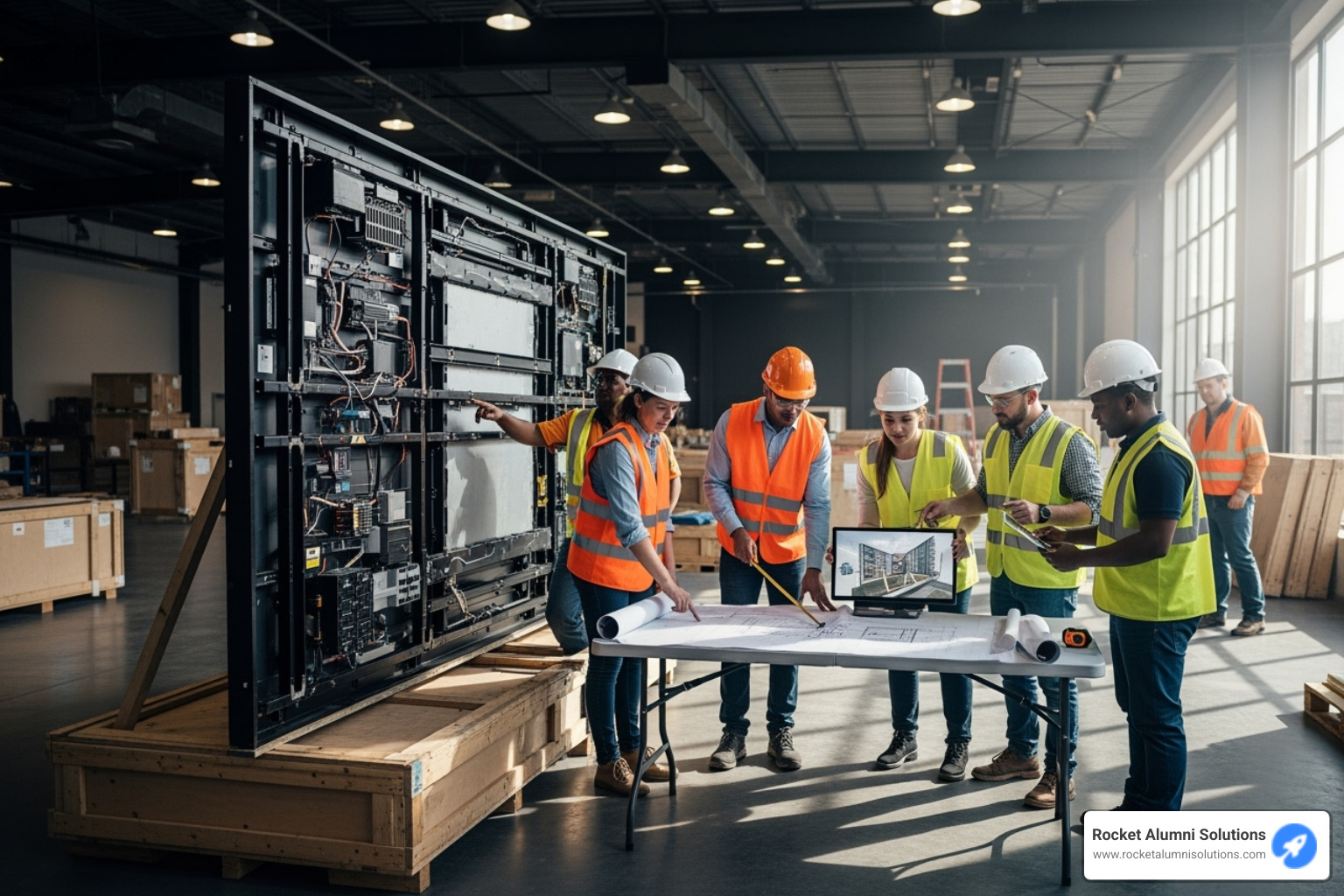 a team planning the installation of a digital display - Touchscreen Records Display