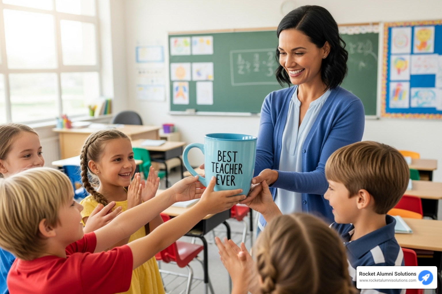 a teacher receiving a "Most Caffeinated" mug award from students - superlative ideas