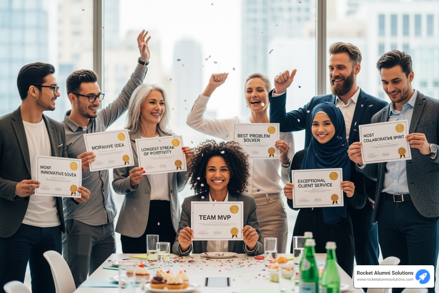 a diverse office team celebrating with superlative award certificates - superlative ideas