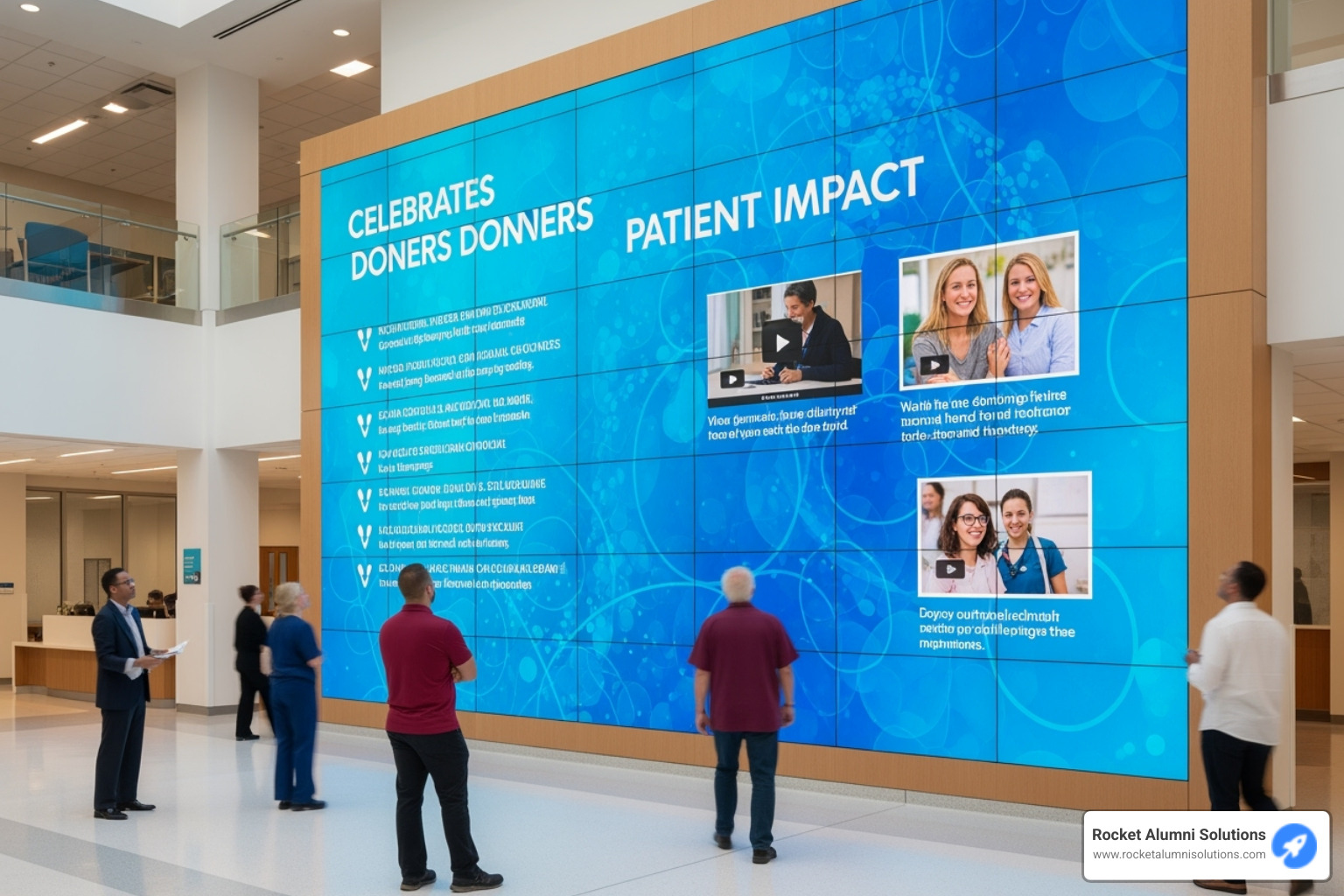 large video wall in a hospital displaying donor impact stories - digital donor walls non-interactive