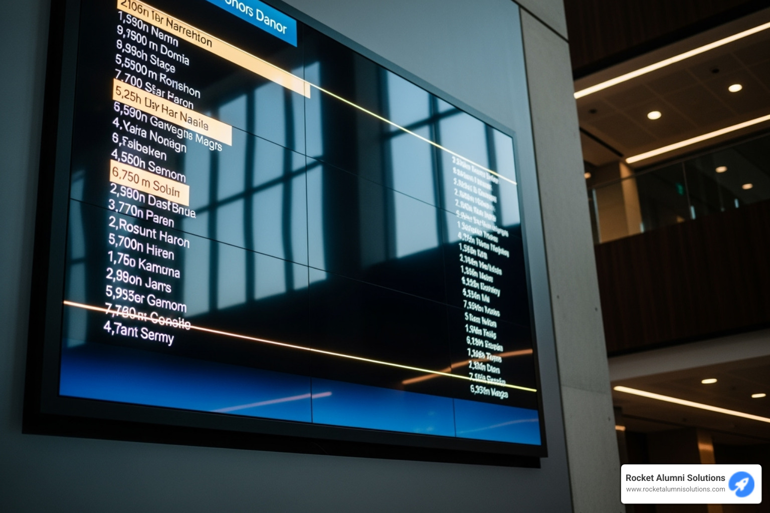 close-up on a non-interactive screen showing a scrolling list of donor names - digital donor walls non-interactive