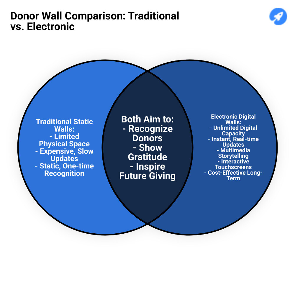 Infographic comparing traditional static donor walls with limited space, expensive updates, and one-time recognition versus modern electronic donor walls featuring unlimited digital space, instant updates, multimedia storytelling, interactive touchscreens, real-time donor integration, and cost-effective long-term management - electronic donor walls infographic venn_diagram Infographic comparing traditional static donor walls with limited space, expensive updates, and one-time recognition versus modern electronic donor walls featuring unlimited digital space, instant updates, multimedia storytelling, interactive touchscreens, real-time donor integration, and cost-effective long-term management - electronic donor walls infographic venn_diagram