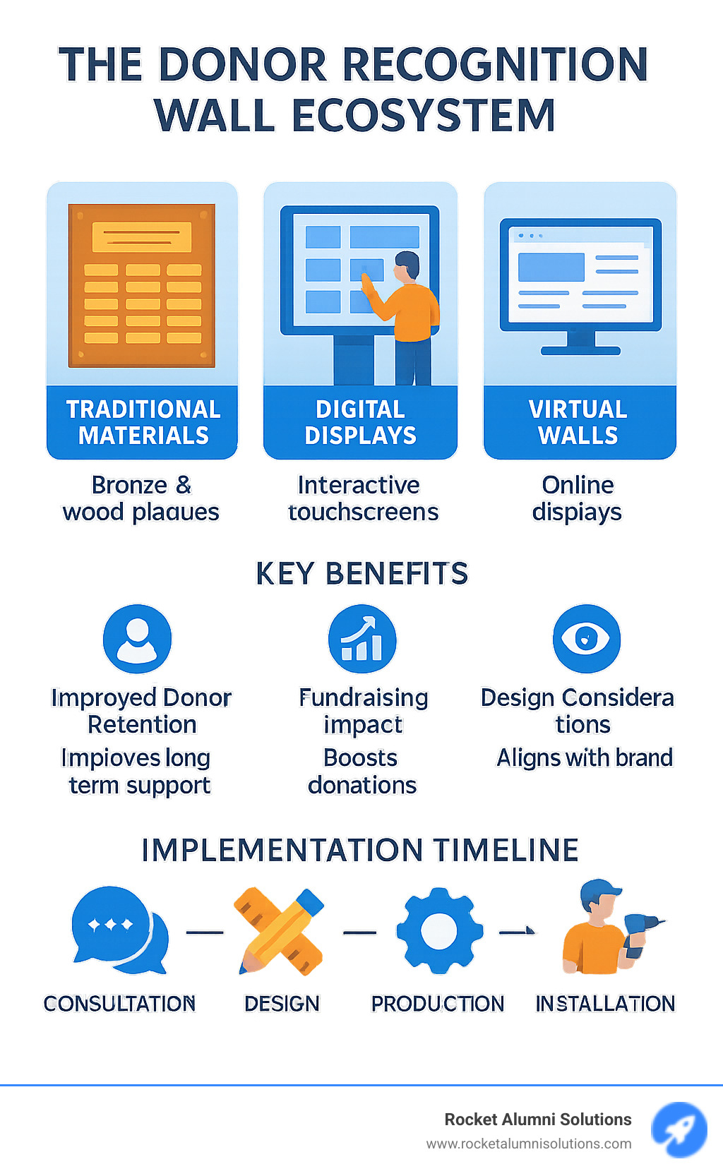Comprehensive infographic showing the complete donor recognition wall ecosystem including traditional materials like bronze and wood plaques, digital interactive displays with touchscreens, virtual online walls, key benefits like improved donor retention and fundraising impact, design considerations for brand alignment, and implementation timeline from consultation to installation - Donor Recognition Wall infographic Comprehensive infographic showing the complete donor recognition wall ecosystem including traditional materials like bronze and wood plaques, digital interactive displays with touchscreens, virtual online walls, key benefits like improved donor retention and fundraising impact, design considerations for brand alignment, and implementation timeline from consultation to installation - Donor Recognition Wall infographic
